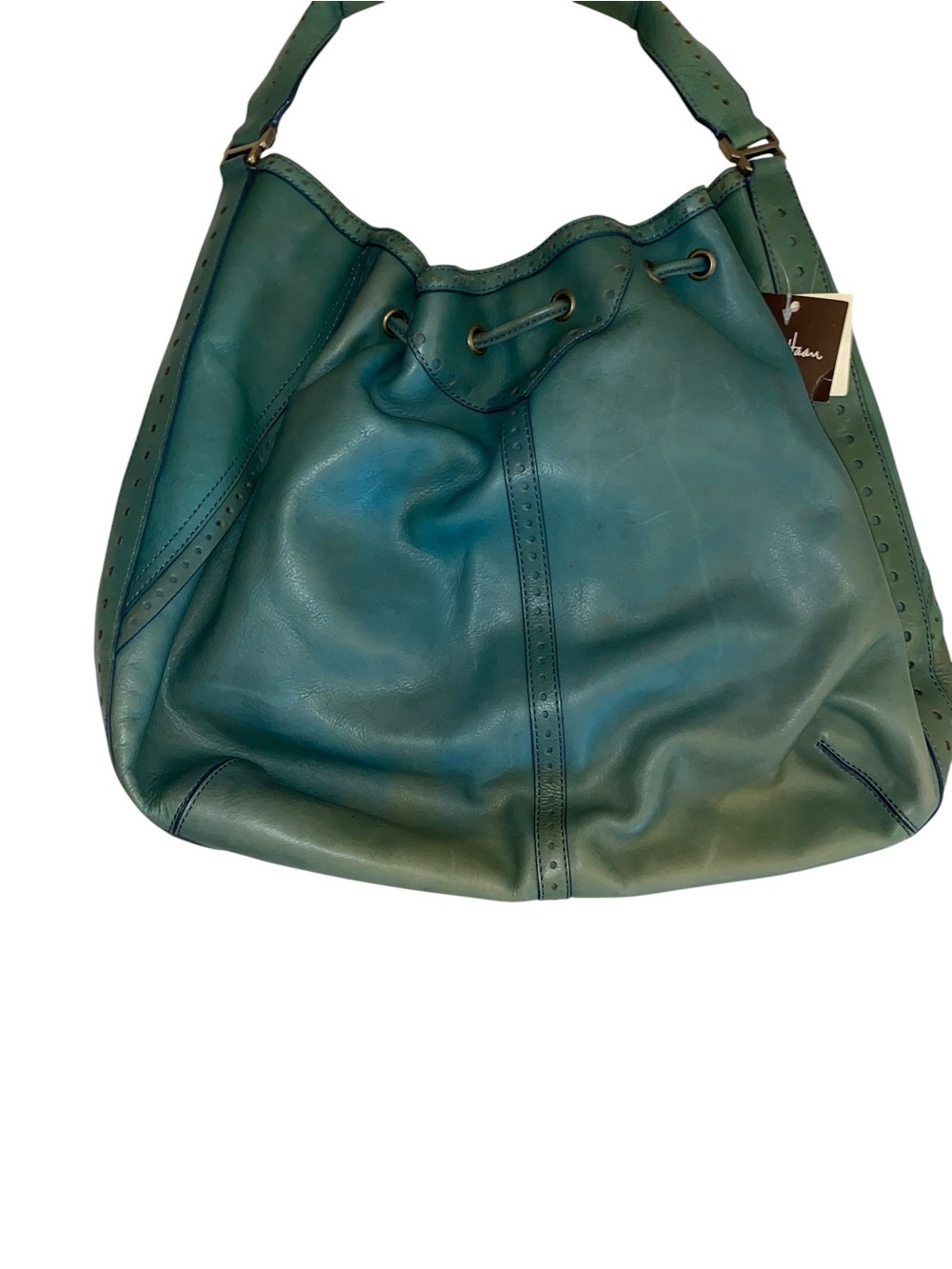 Y2K Vintage Cole Haan Teal Leather Drawstring brass studded Hobo Bag Boho fairy - Picture 10 of 13
